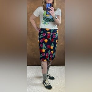 LuLaRoe Navy Pencil Skirt with Red, Pink, Yellow & Green Floral Print